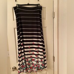 Black and White Striped Maxi Skirt with Floral Print